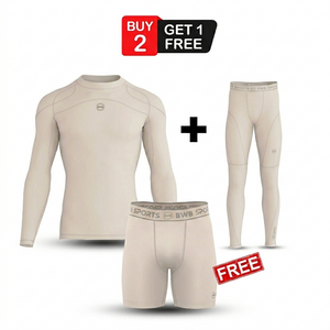 Beige Men's Long Sleeve Compression Shirt & Leggings Set with Free Boxers — Winter Training Bundle