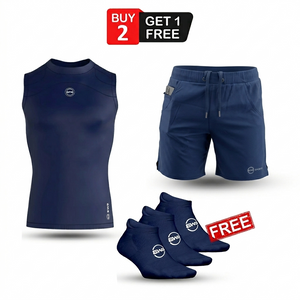 Navy Blue Men's Sleeveless Compression Shirt & Gym Shorts Set with Free No-Show Socks