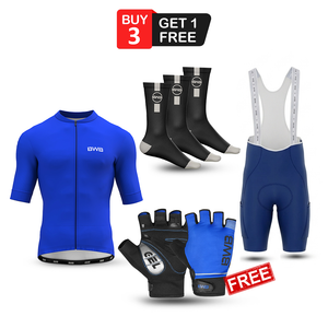 Blue Men's Short Sleeve Cycling Jersey & Bib Shorts Set with 3 Pairs Cycling Socks & Free Fingerless Gel Padded Gloves