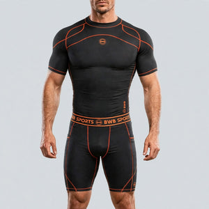 Men's Black & Orange Compression Shirt & Shorts Running Bundle