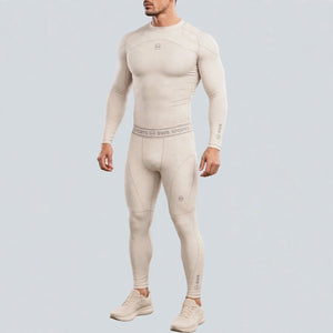 Men's Beige Long Sleeve Compression Shirt & Tights Bundle