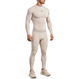 Men's Beige Long Sleeve Compression Shirt & Tights Bundle