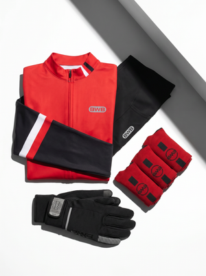 BWB Men's Red Thermal Frost performance Winter Cycling Jersey & cargo Bib Tights Set