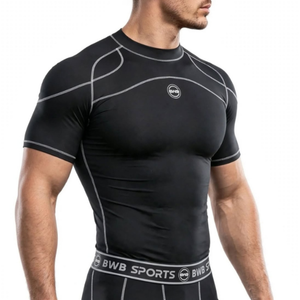 BWB Men's Black & White Short Sleeve Baselayer Compression Shirt