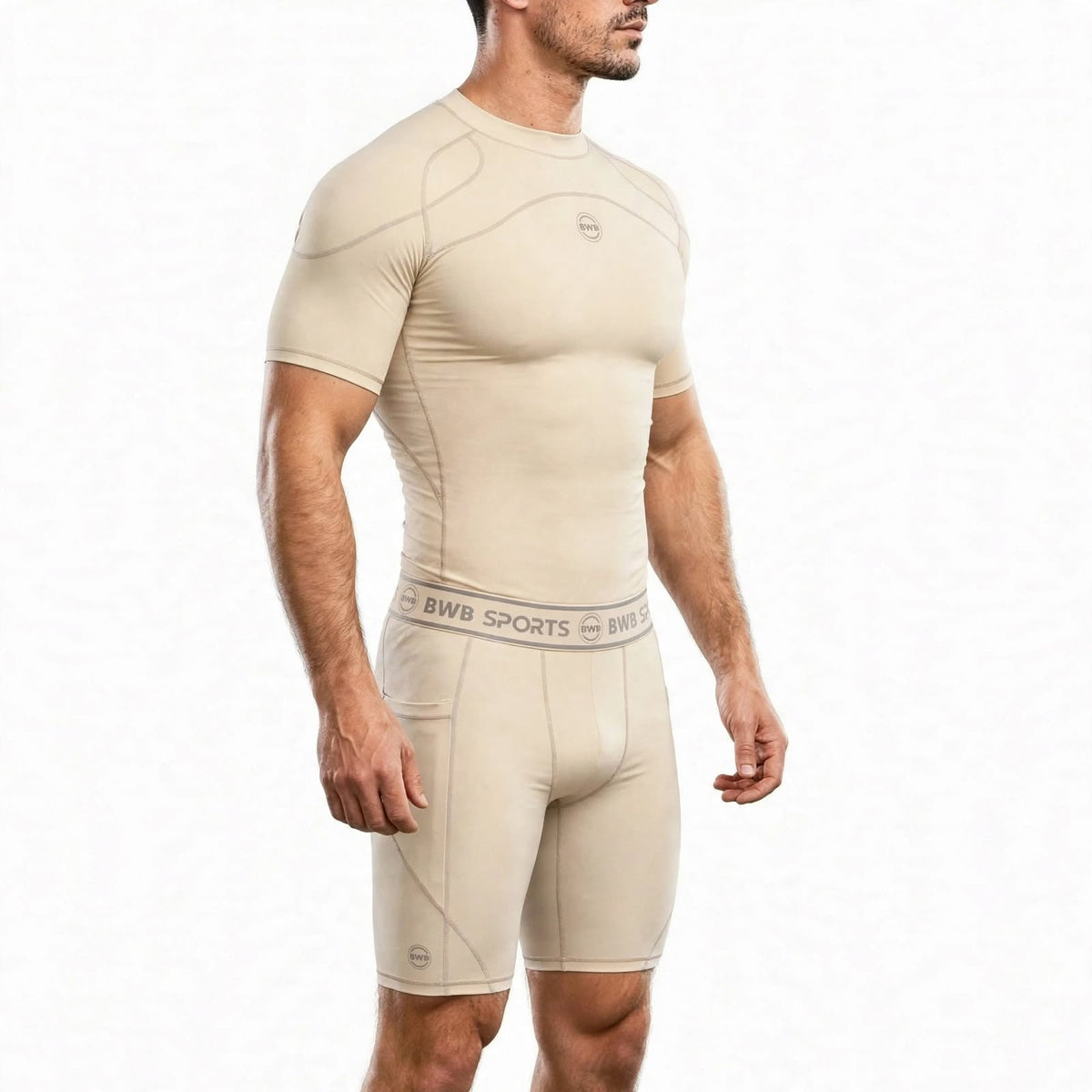 Men's Beige Compression Shirt & Shorts Running Bundle