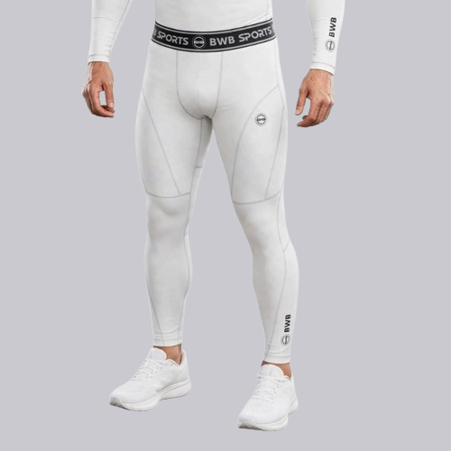 BWB Men's White Baselayer Compression Leggings