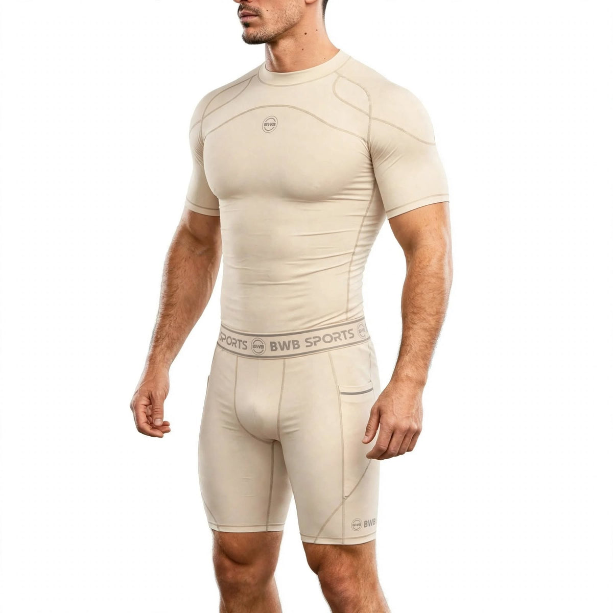 Men's Beige Compression Shirt & Shorts Running Bundle
