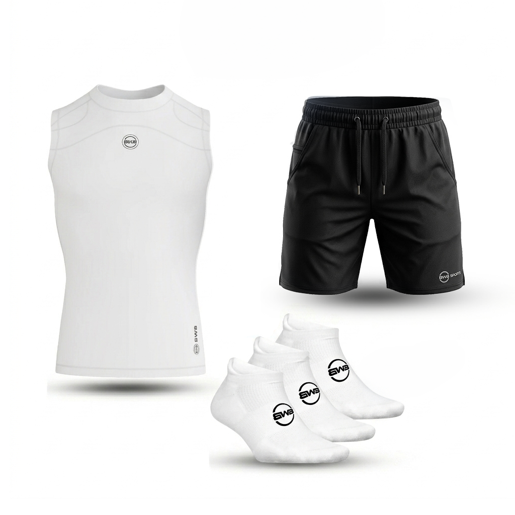 Men's White Sleeveless Compression Shirt & Gym Shorts Set