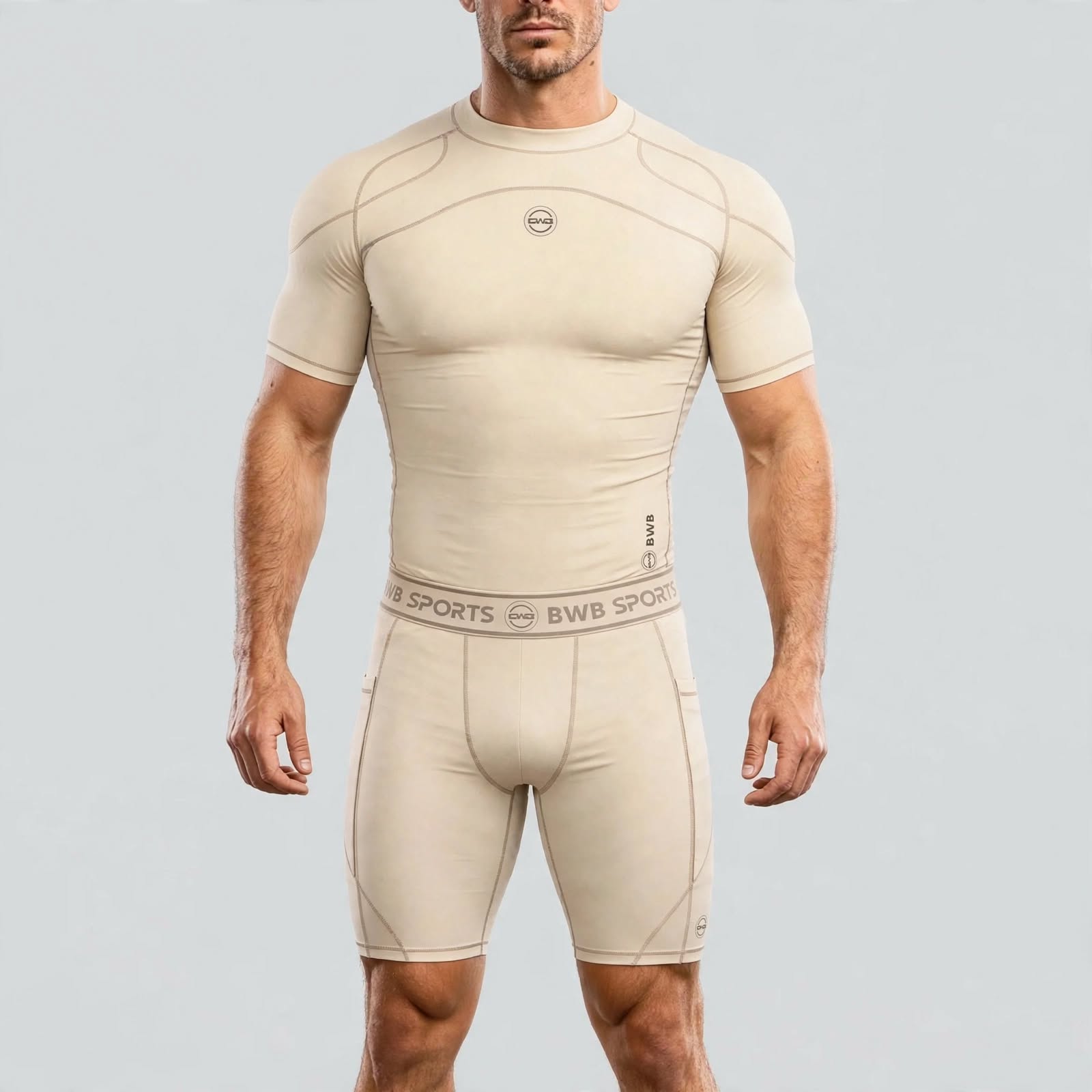 Men's Beige Compression Shirt & Shorts Running Bundle