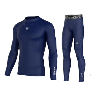 BWB MEN'S NAVY BLUE LONG SLEEVE BASELAYER COMPRESSION SHIRT & LEGGINGS SET