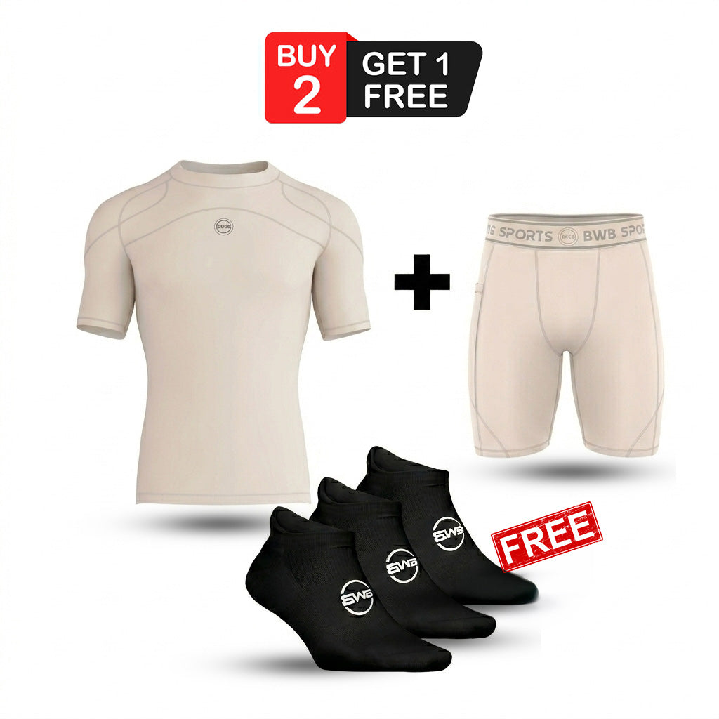 Beige Men's Compression Short Sleeve Shirt & Shorts Set with Free No-Show Running Socks — Running Bundle