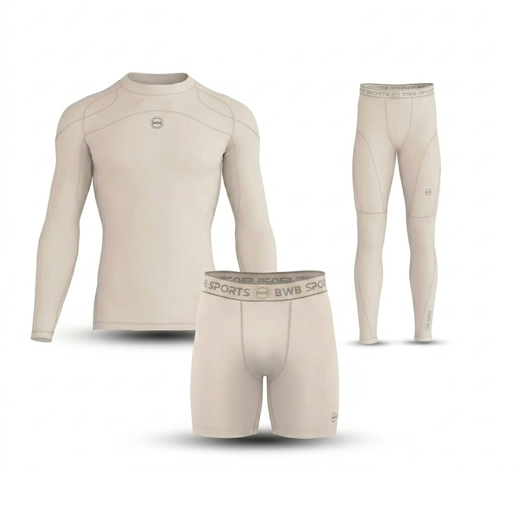 Men's Beige Long Sleeve Compression Shirt & Tights Bundle