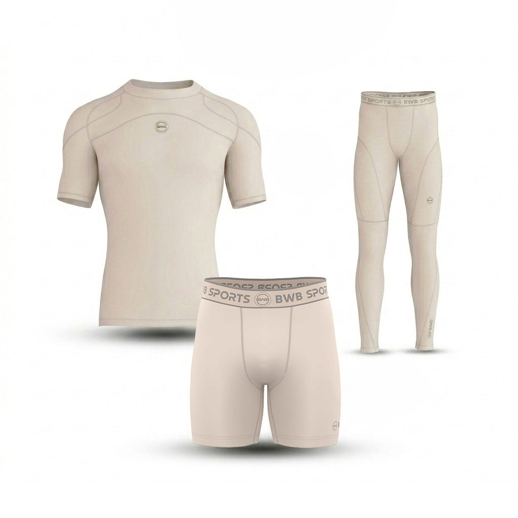 Men's Beige Compression Shirt & Leggings Gym Bundle