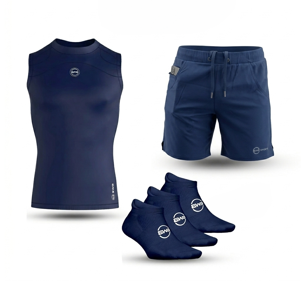 Men's Navy Blue Sleeveless Compression Shirt & Gym Shorts Set