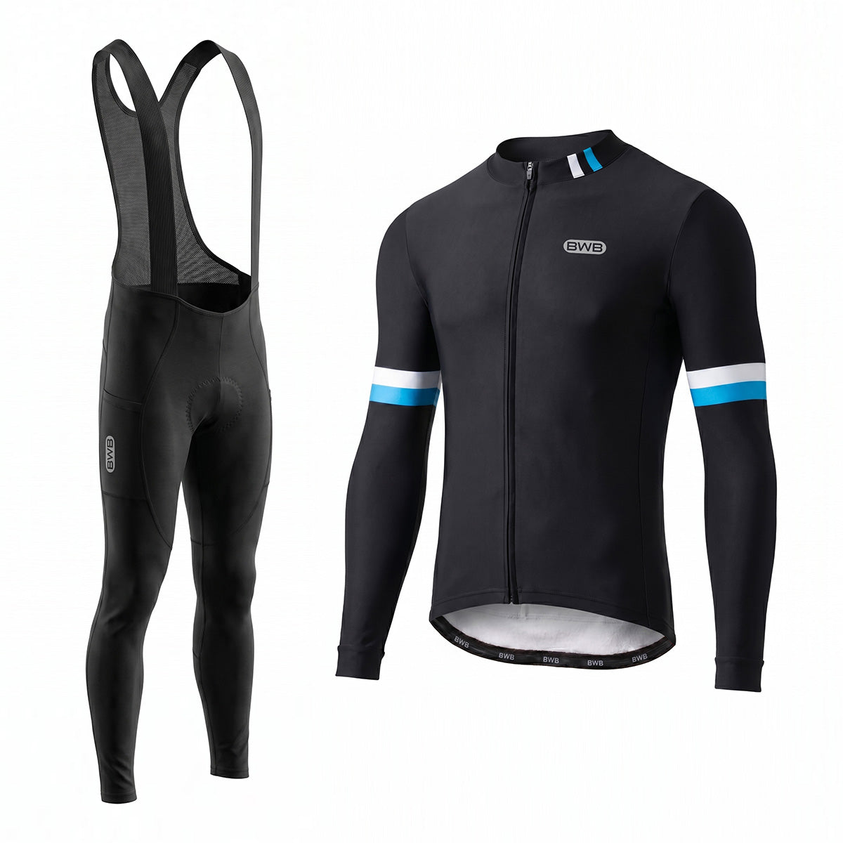 BWB Men's Black Thermal Frost performance Winter Cycling Jersey & cargo Bib Tights Set