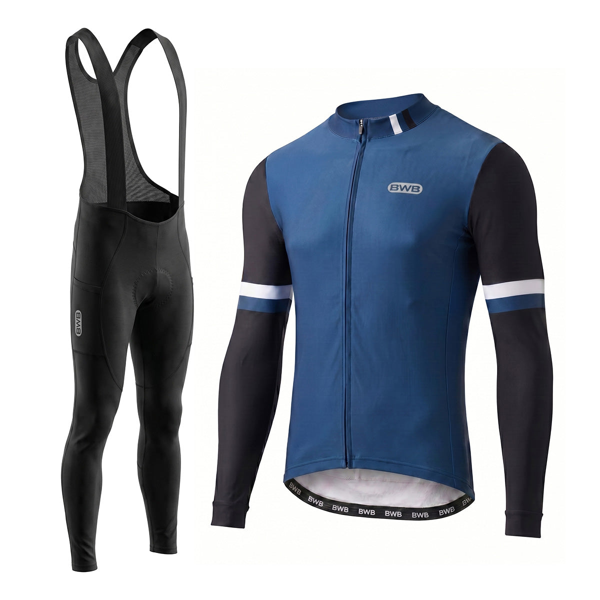 BWB Men's Navy Blue Thermal Frost performance Winter Cycling Jersey & cargo Bib Tights Set