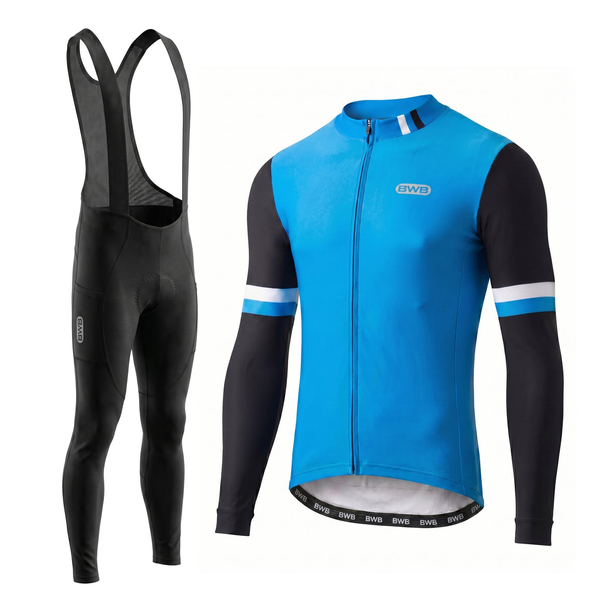 BWB Men's Blue Thermal Frost performance Winter Cycling Jersey & cargo Bib Tights Set