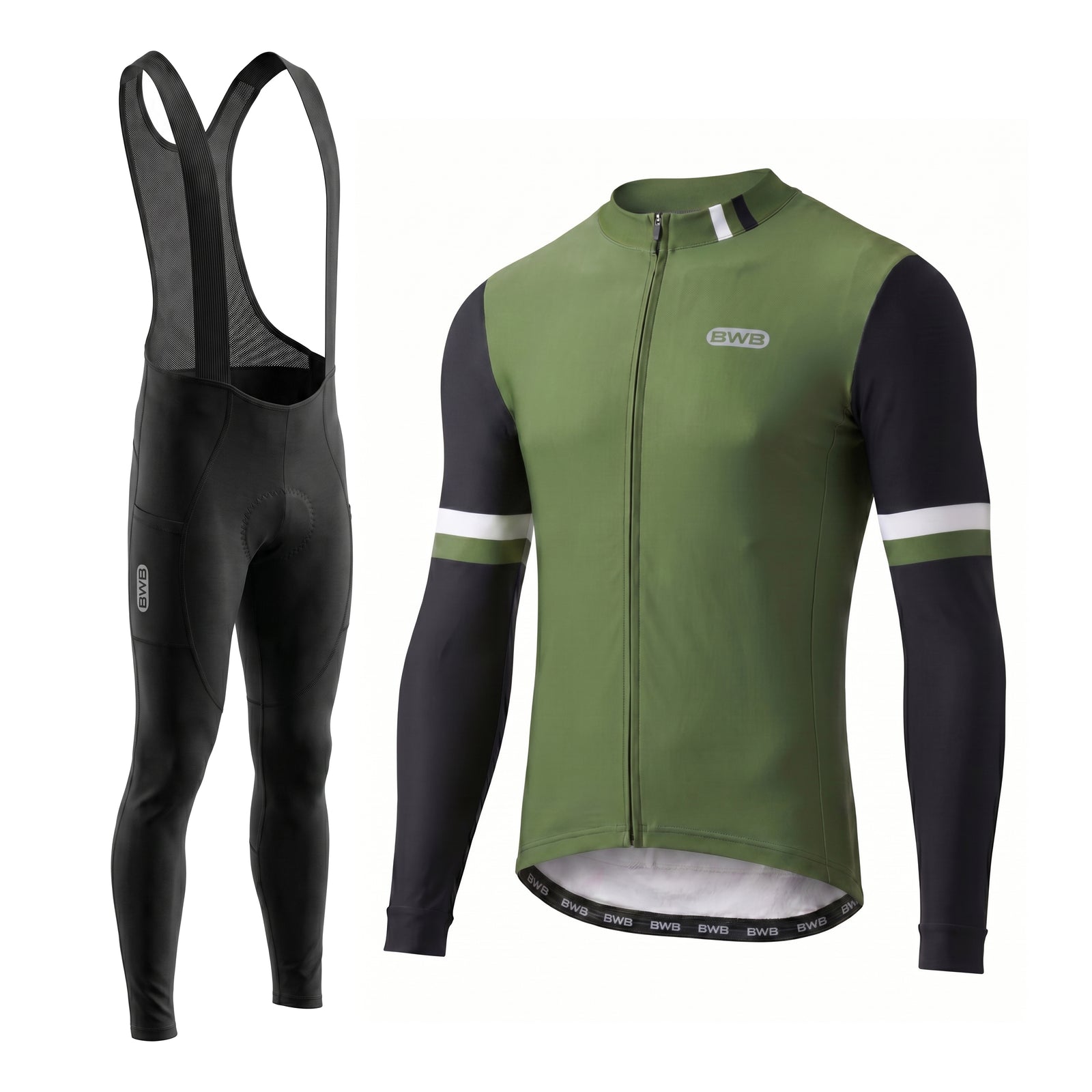 BWB Men's Green Thermal Frost performance Winter Cycling Jersey & cargo Bib Tights Set