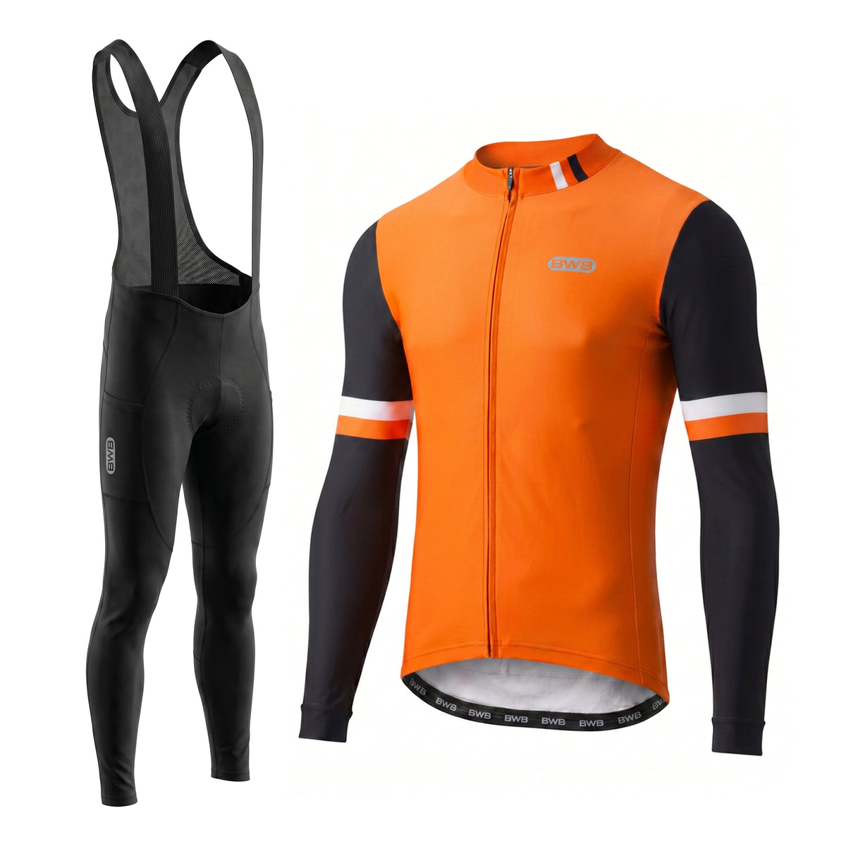 BWB Men's Orange Thermal Frost performance Winter Cycling Jersey & cargo Bib Tights Set