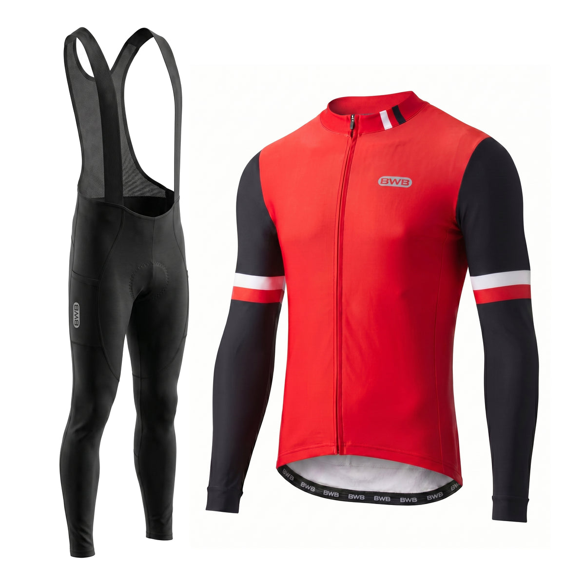 BWB Men's Red Thermal Frost performance Winter Cycling Jersey & cargo Bib Tights Set