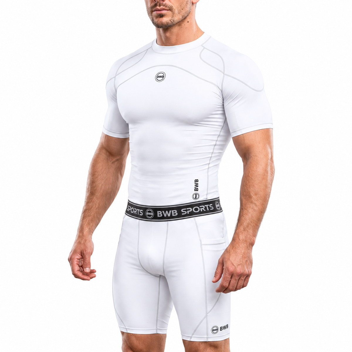 Men's White Compression Shirt & Shorts Running Bundle