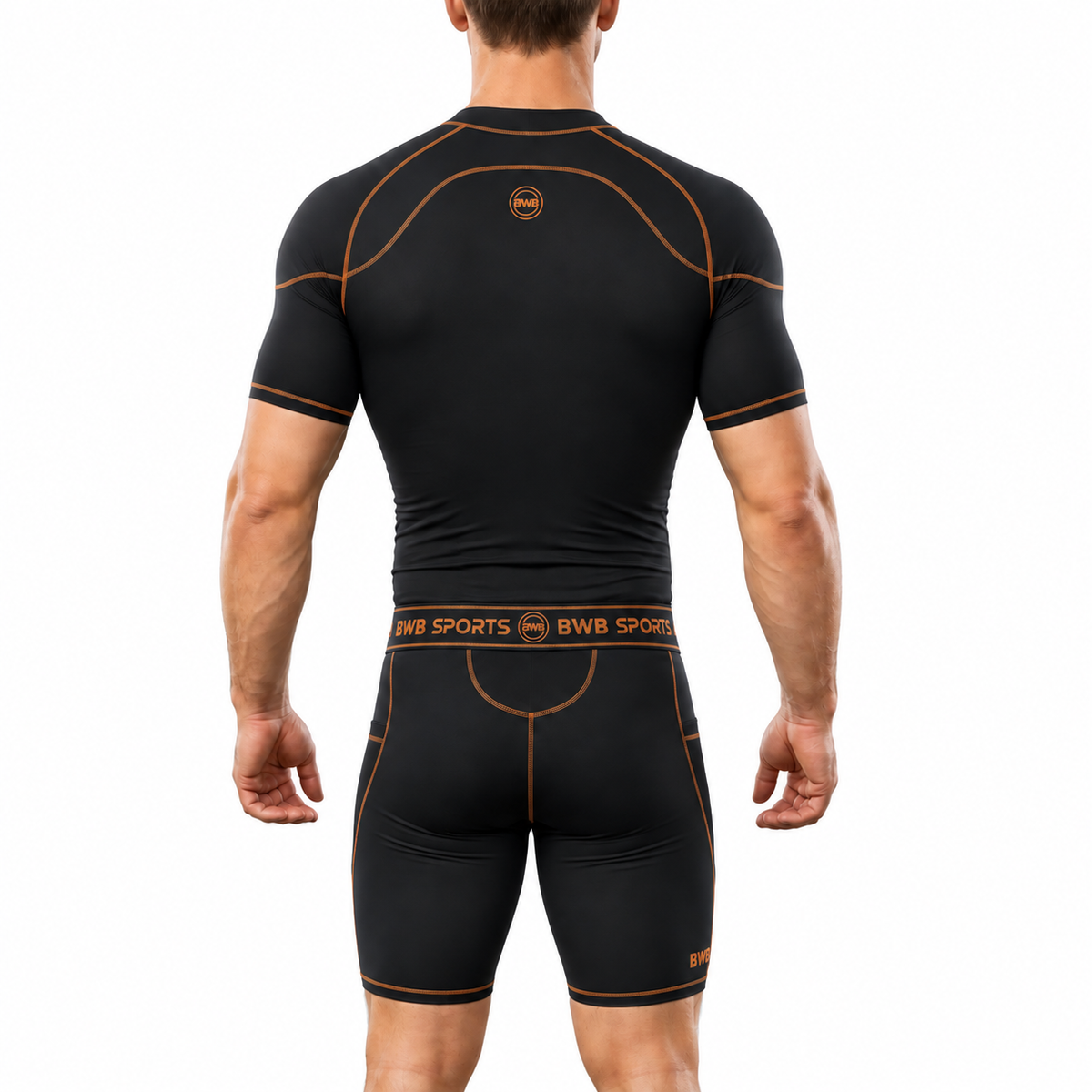 Men's Black & Orange Compression Shirt & Shorts Running Bundle