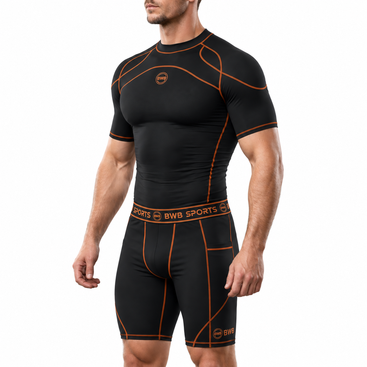 Men's Black & Orange Compression Shirt & Shorts Running Bundle