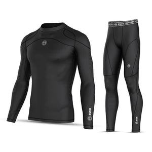 BWB MEN'S BLACK LONG SLEEVE BASELAYER COMPRESSION SHIRT & LEGGINGS SET