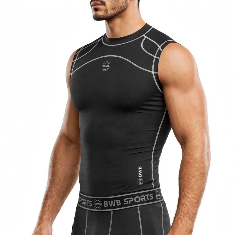 BWB Men's Black & White Sleeveless Compression Shirt