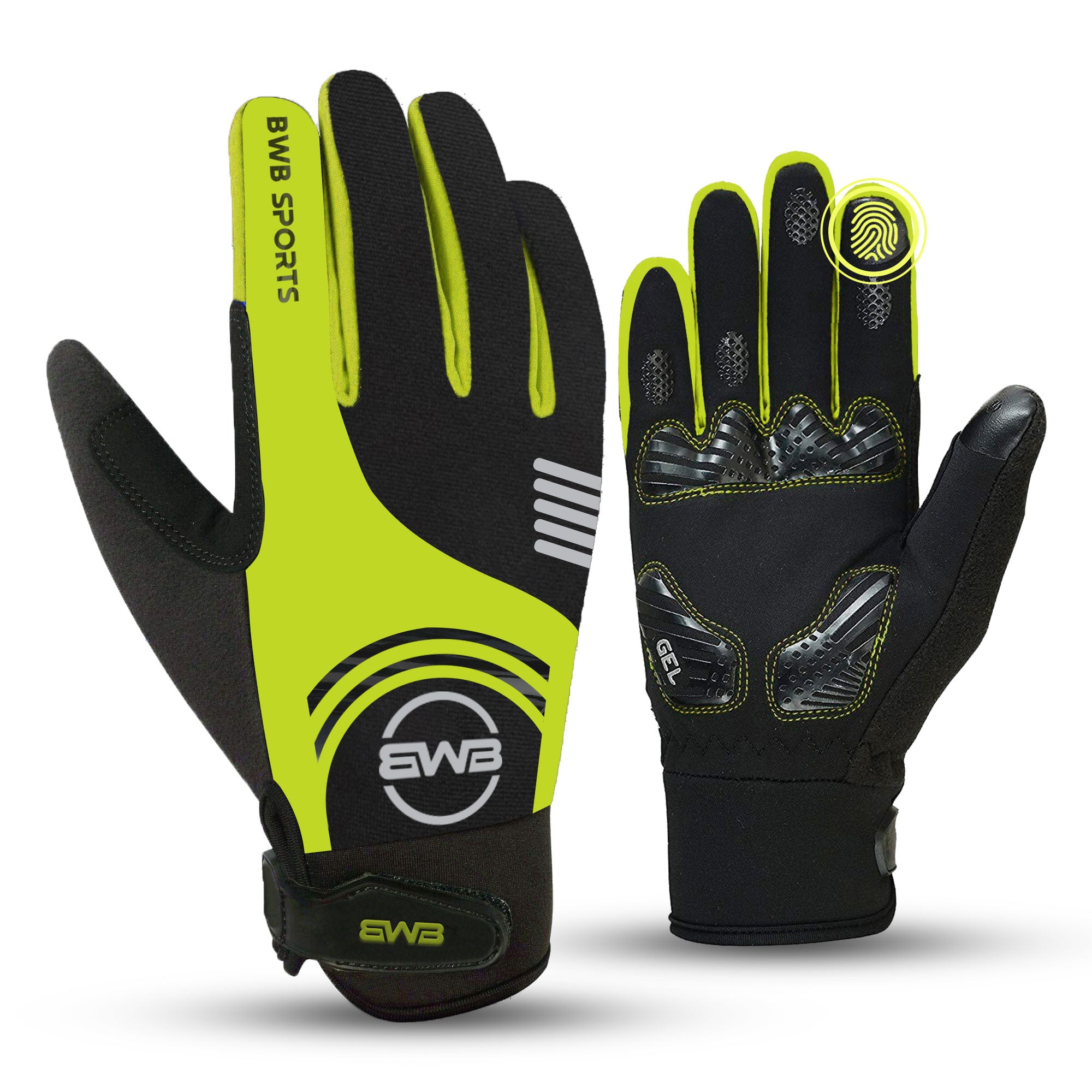 BWB Fluorescent Yellow Full Finger Gel Padded Winter Cycling Gloves