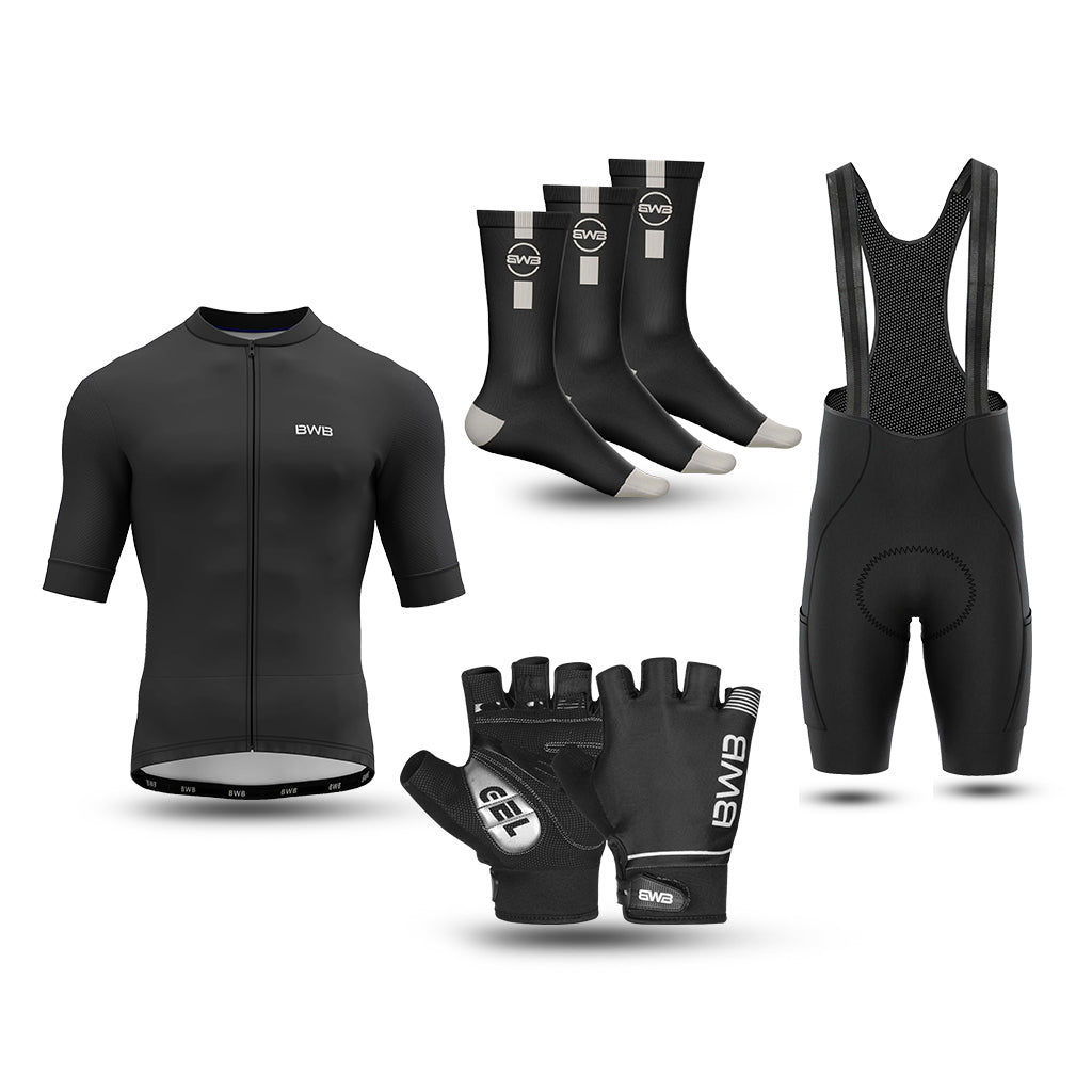 Black Men's Short Sleeve Cycling Jersey & Bib Shorts Set with 3 Pairs Cycling Socks & Free Fingerless Gel Padded Gloves