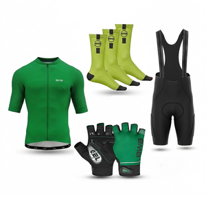 Green Men's Short Sleeve Cycling Jersey & Bib Shorts Set with 3 Pairs Cycling Socks & Free Fingerless Gel Padded Gloves