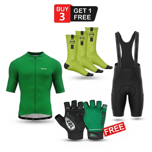 Green Men's Short Sleeve Cycling Jersey & Bib Shorts Set with 3 Pairs Cycling Socks & Free Fingerless Gel Padded Gloves