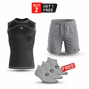 Black/White Men's Sleeveless Compression Shirt & Gym Shorts Set with Free No-Show Socks