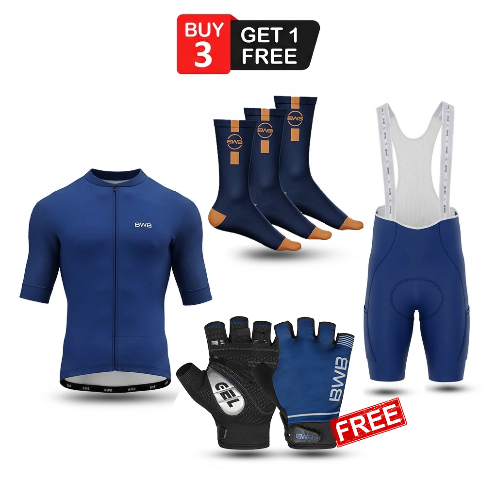Navy Blue Men's Short Sleeve Cycling Jersey & Bib Shorts Set with 3 Pairs Cycling Socks & Free Fingerless Gel Padded Gloves