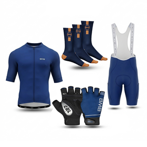 Navy Blue Men's Short Sleeve Cycling Jersey & Bib Shorts Set with 3 Pairs Cycling Socks & Free Fingerless Gel Padded Gloves