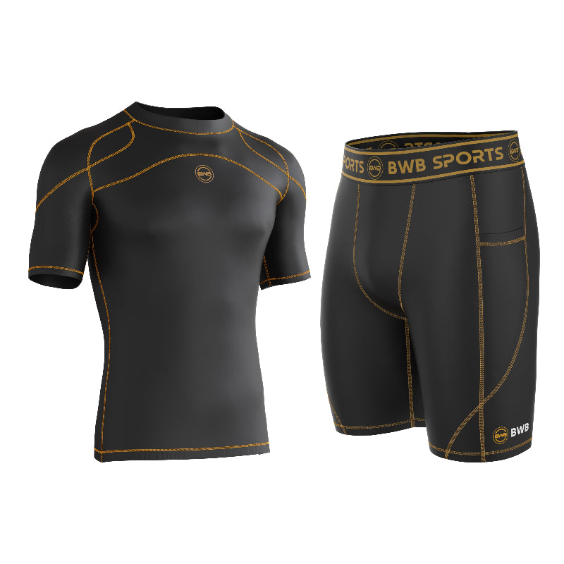 Men's Black & Orange Compression Shirt & Shorts Running Bundle