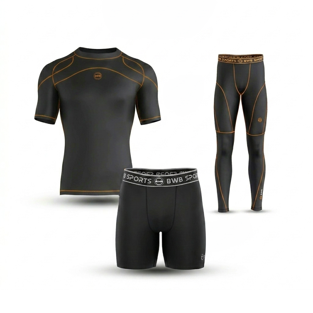Men's Black & Orange Compression Shirt & Leggings Gym Bundle