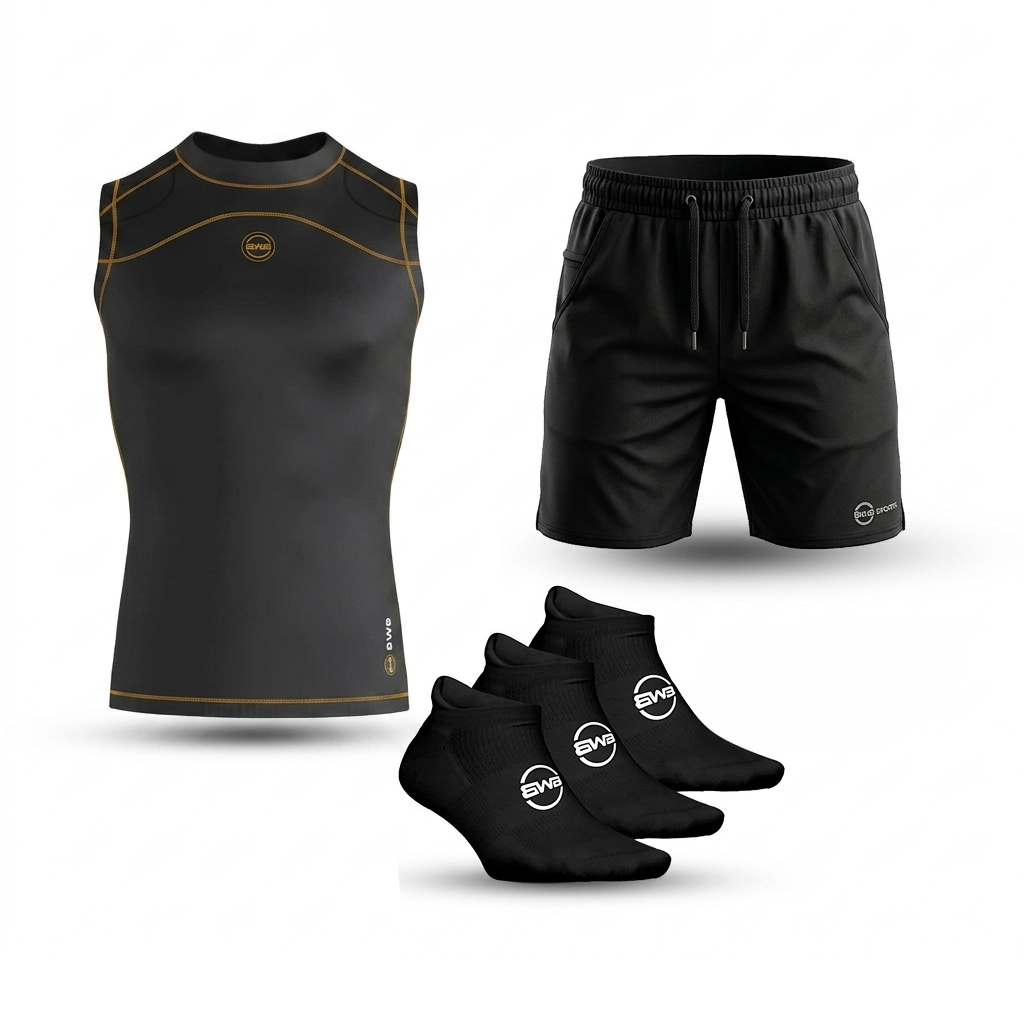 Men's Black & Orange Sleeveless Compression Shirt & Gym Shorts Set