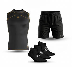 Men's Black & Orange Sleeveless Compression Shirt & Gym Shorts Set