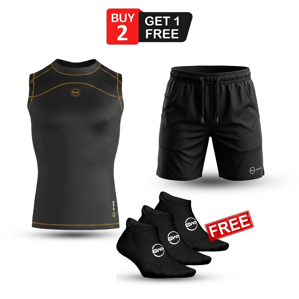 Black/Orange Men's Sleeveless Compression Shirt & Gym Shorts Set with Free No-Show Socks
