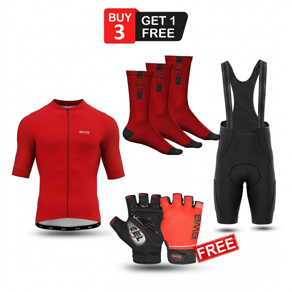 Red Men's Short Sleeve Cycling Jersey & Bib Shorts Set with 3 Pairs Cycling Socks & Free Fingerless Gel Padded Gloves