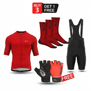 Red Men's Short Sleeve Cycling Jersey & Bib Shorts Set with 3 Pairs Cycling Socks & Free Fingerless Gel Padded Gloves
