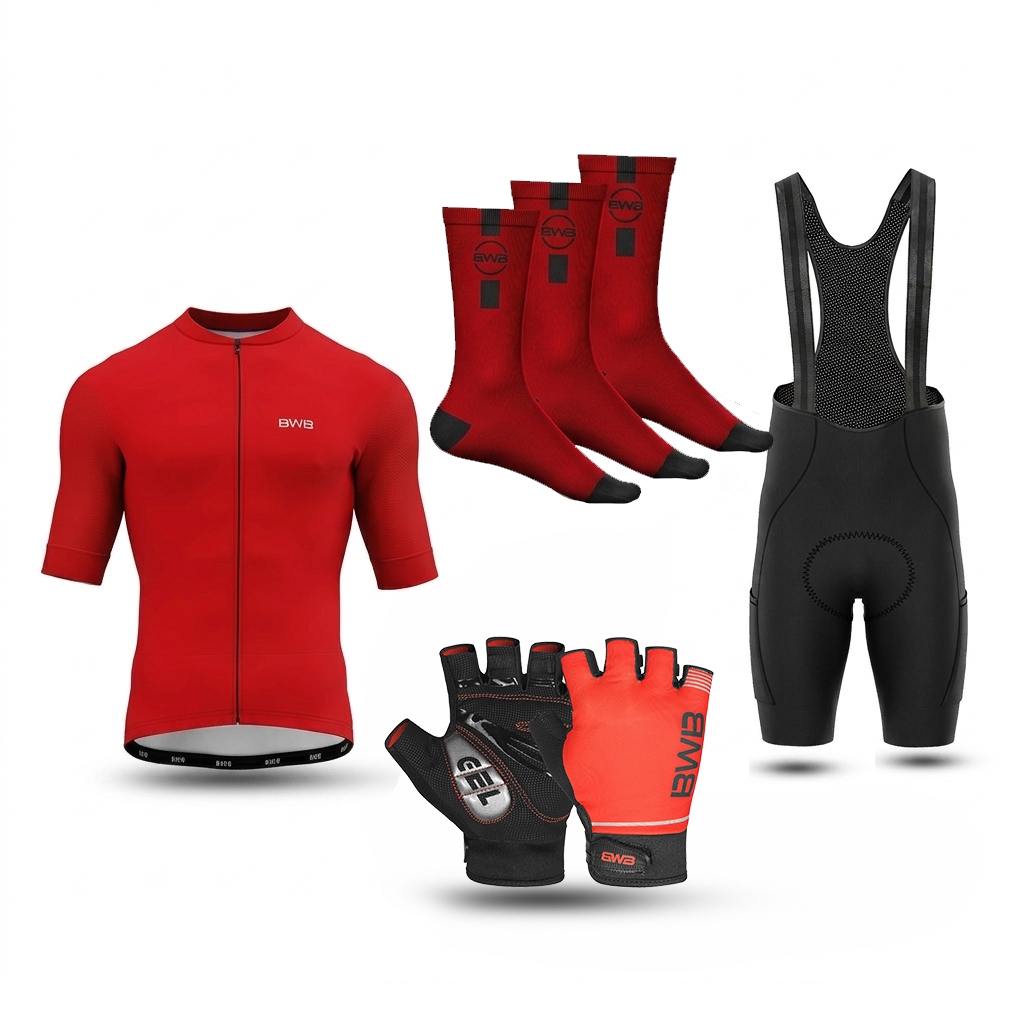 Red Men's Short Sleeve Cycling Jersey & Bib Shorts Set with 3 Pairs Cycling Socks & Free Fingerless Gel Padded Gloves