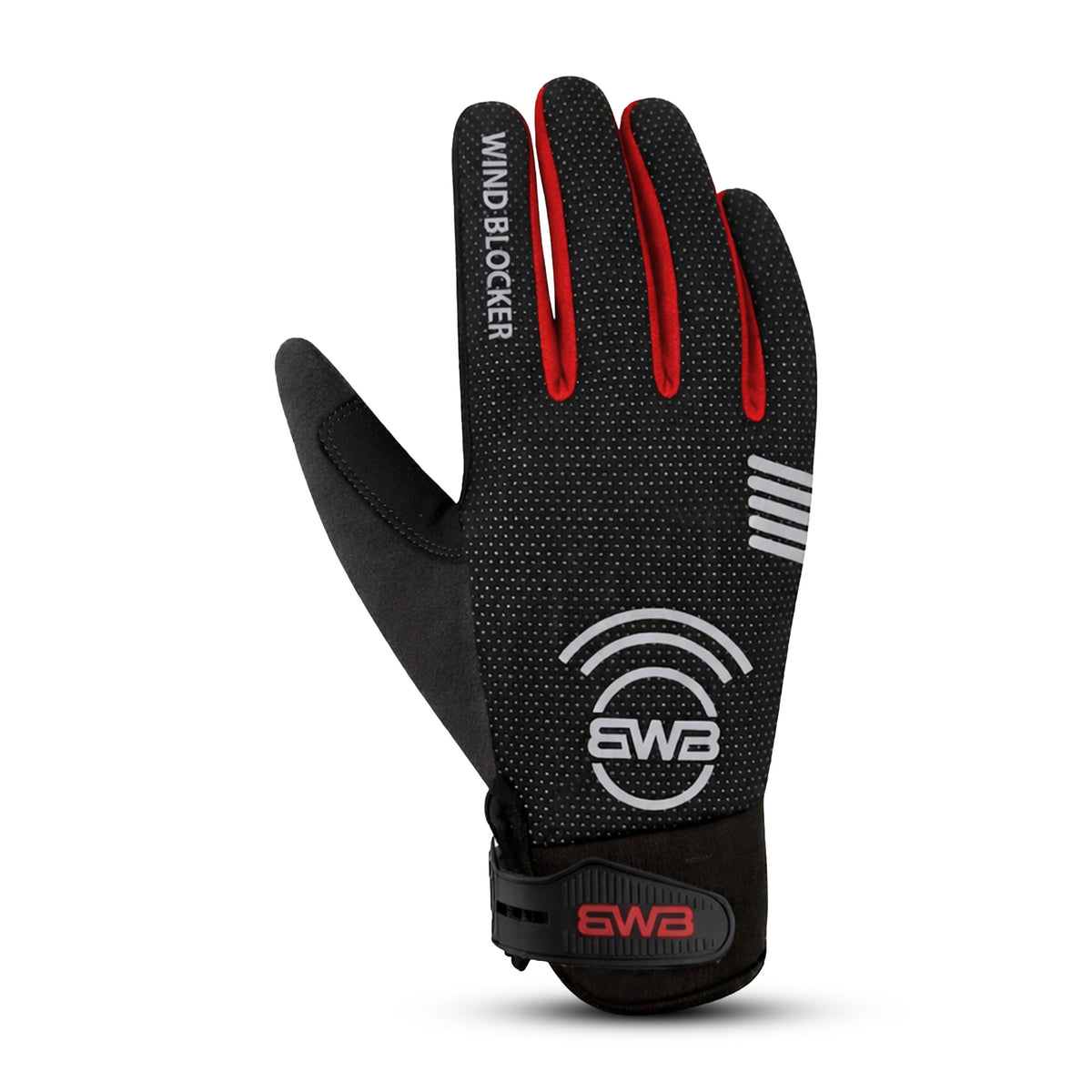 BWB Full Finger Black / Red Unisex Gel Padded Winter Cycling Gloves