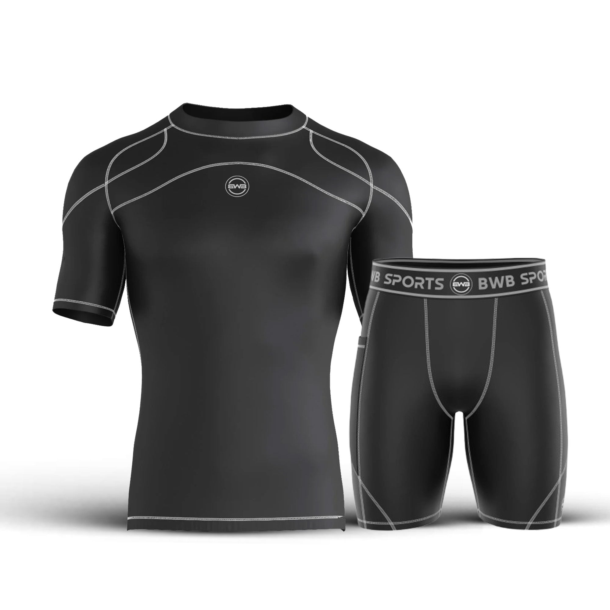 Men's Black / White Short Sleeve Baselayer Compression Shirt & Shorts Set