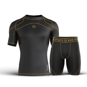 Men's Black/Orange Short Sleeve Baselayer Compression Shirt & Shorts Set