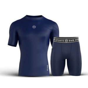 Men's Navy Blue Short Sleeve Baselayer Compression Shirt & Shorts Set