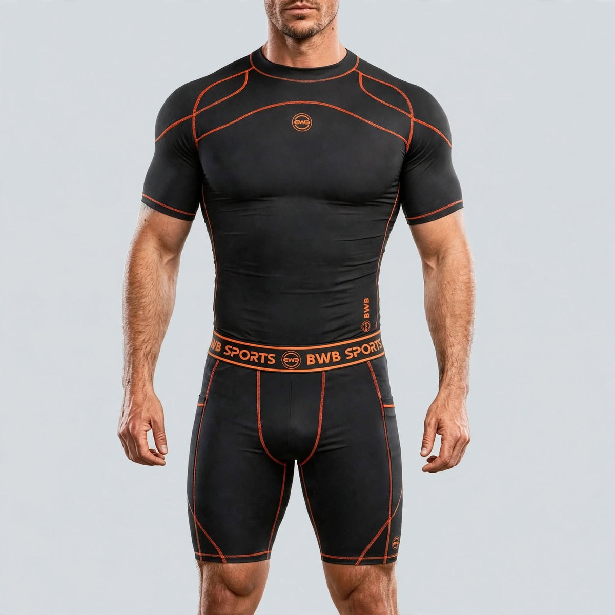 Men's Black & Orange Compression Shirt & Shorts Running Bundle