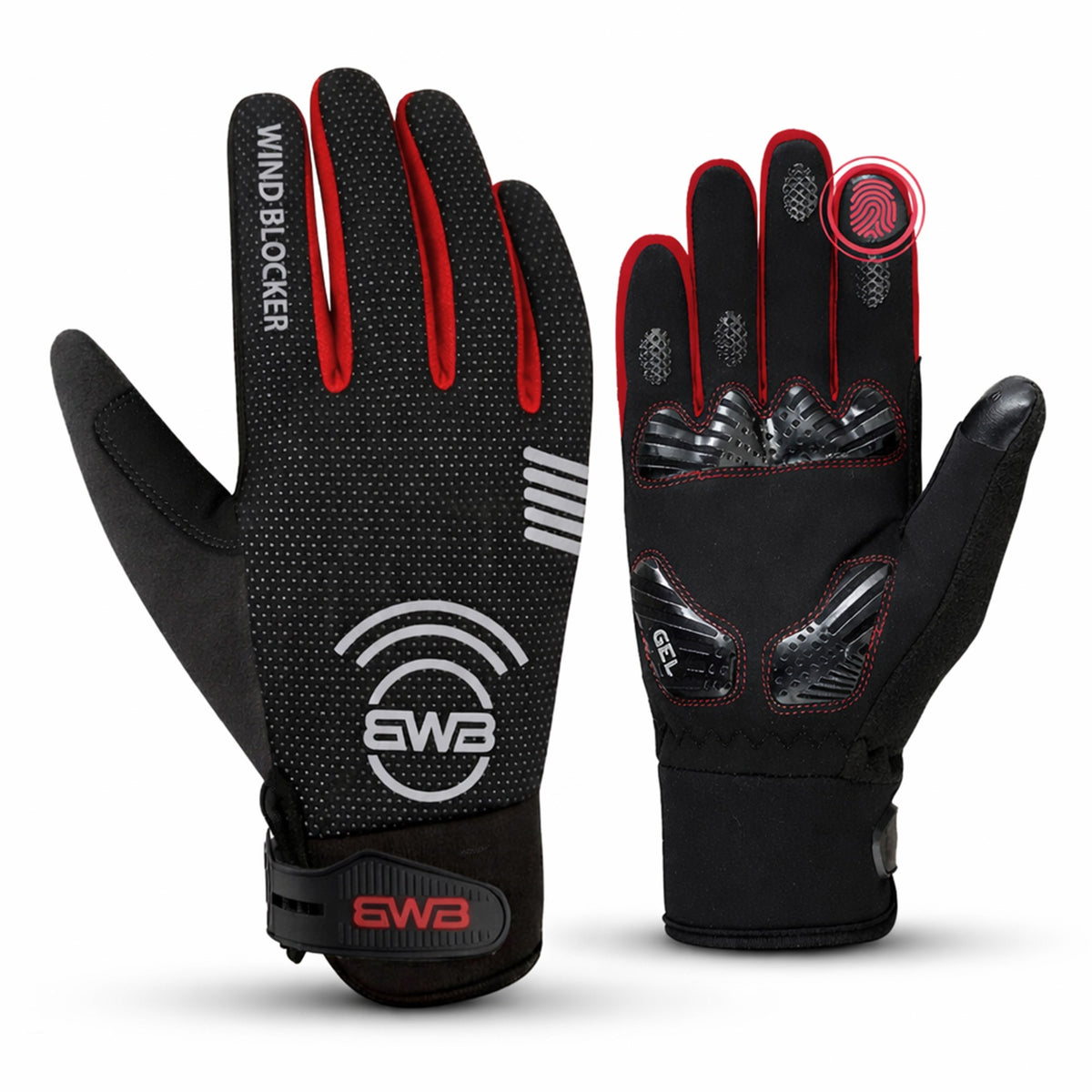 BWB Full Finger Black / Red Unisex Gel Padded Winter Cycling Gloves